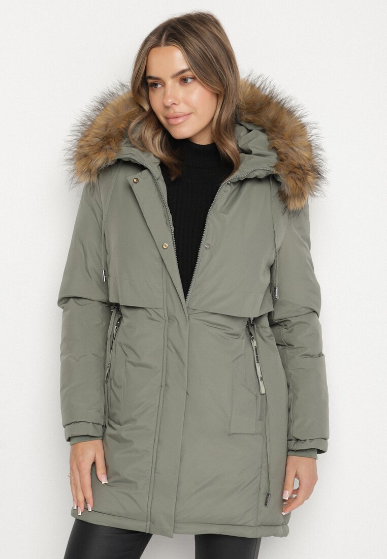 swest Geacă Parka Verde Casual cu Glugă cu Blană Nallorea
