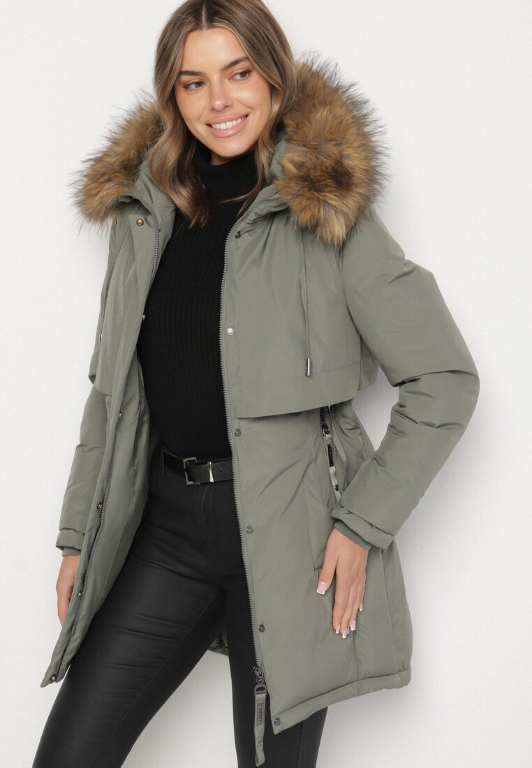 swest Geacă Parka Verde Casual cu Glugă cu Blană Nallorea