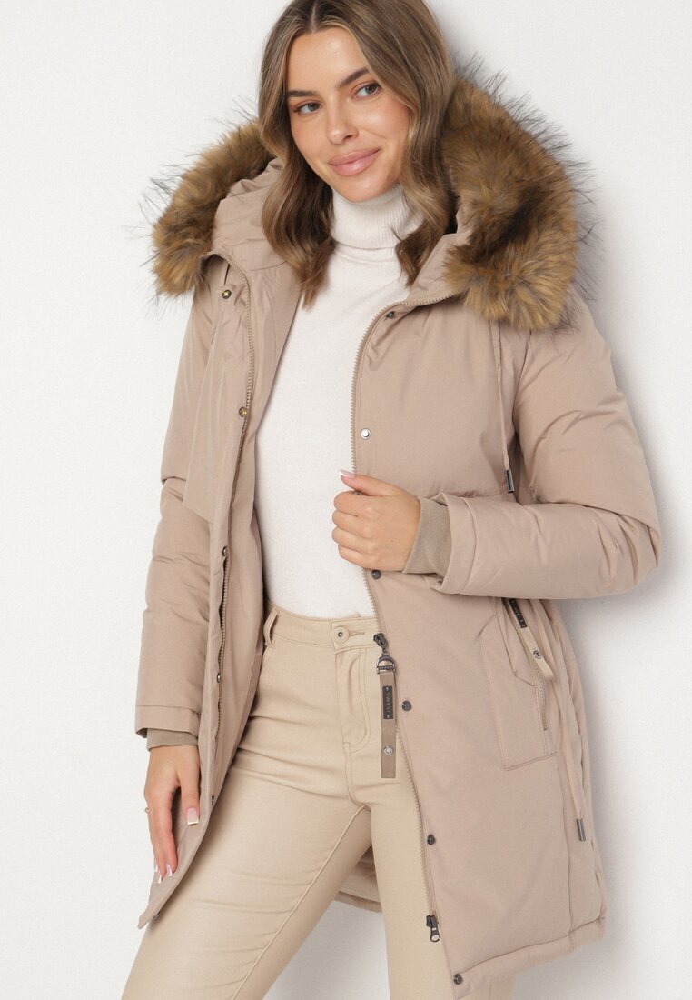 swest Jachetă Parka Casual Bej cu Glugă cu Blană Nallorea
