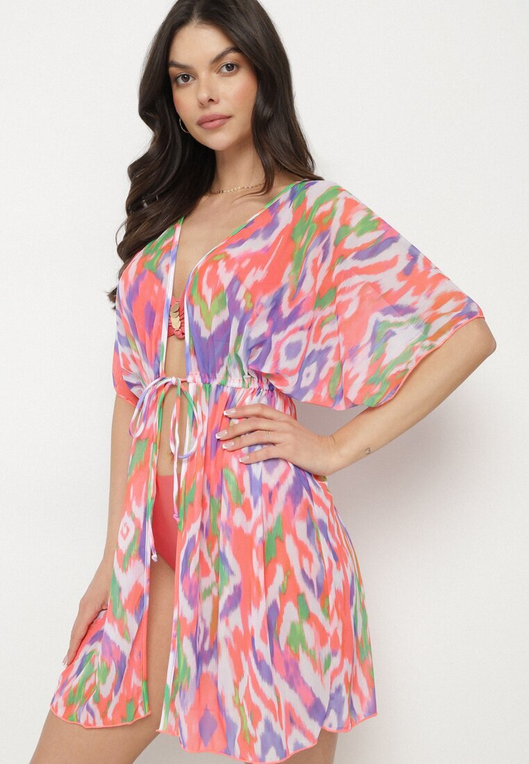 swest Kimono Portocaliu din plasă cu model abstract cu șnur Revarella