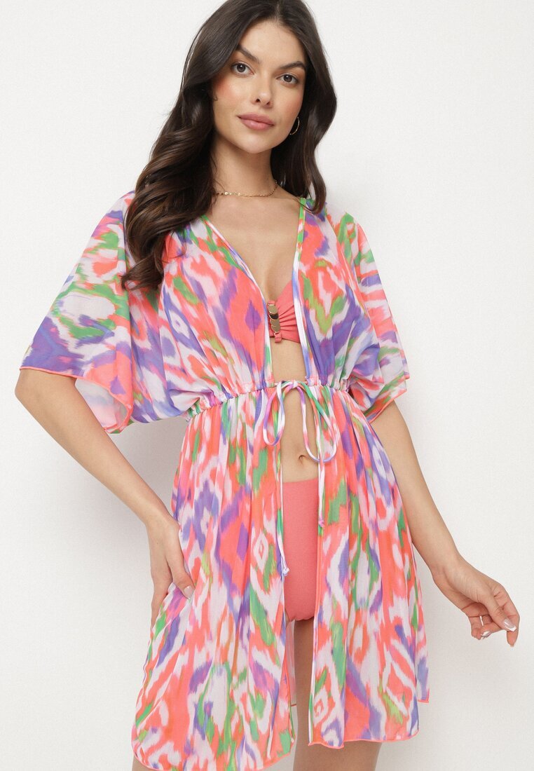 swest Kimono Portocaliu din plasă cu model abstract cu șnur Revarella