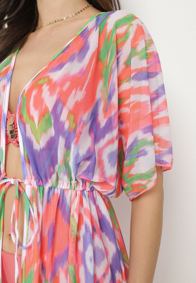 swest Kimono Portocaliu din plasă cu model abstract cu șnur Revarella