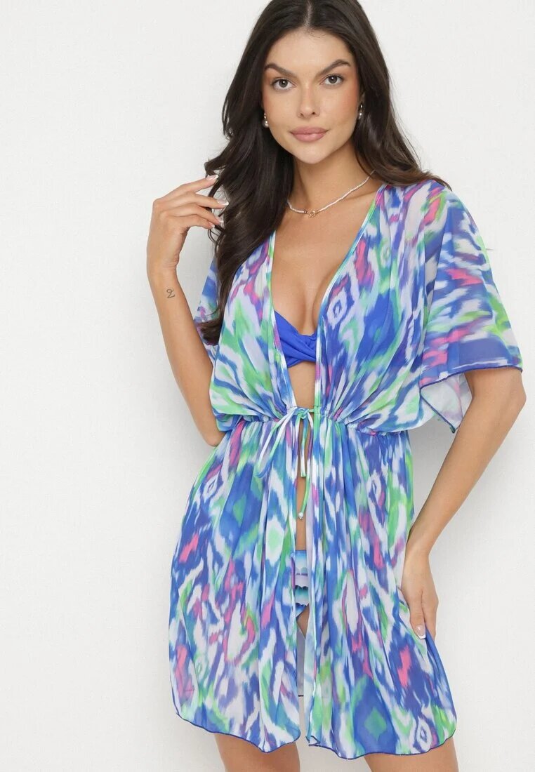 swest Kimono tip plasă albastru cu model abstract și legătură Revarella