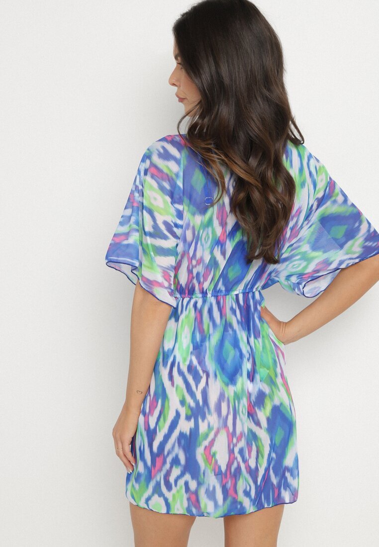 swest Kimono tip plasă albastru cu model abstract și legătură Revarella