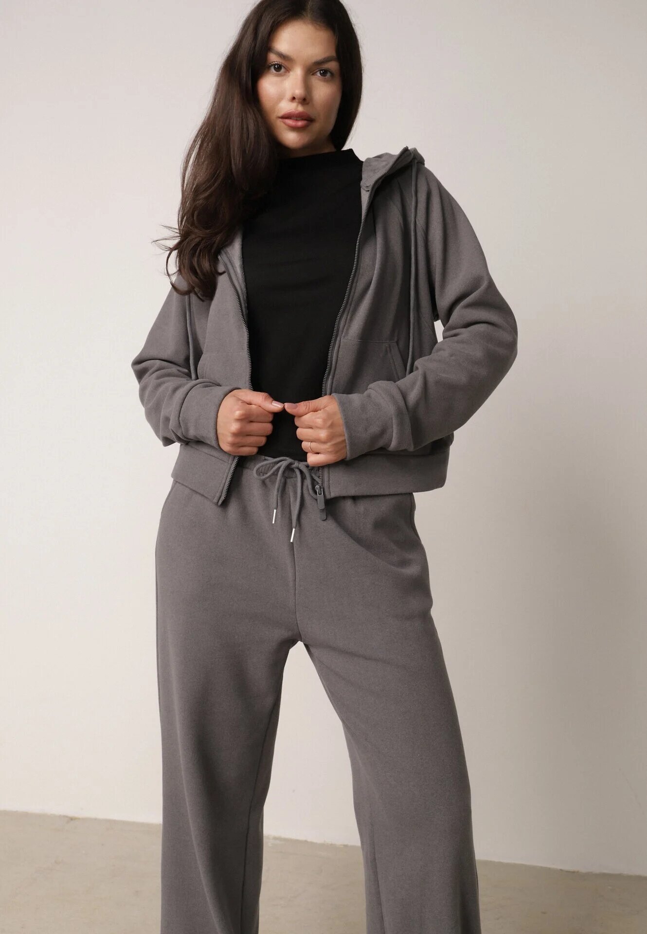 swest Set de trening din polar hanorac cu fermoar și pantaloni largi cu glugă Winalin Gri deschis