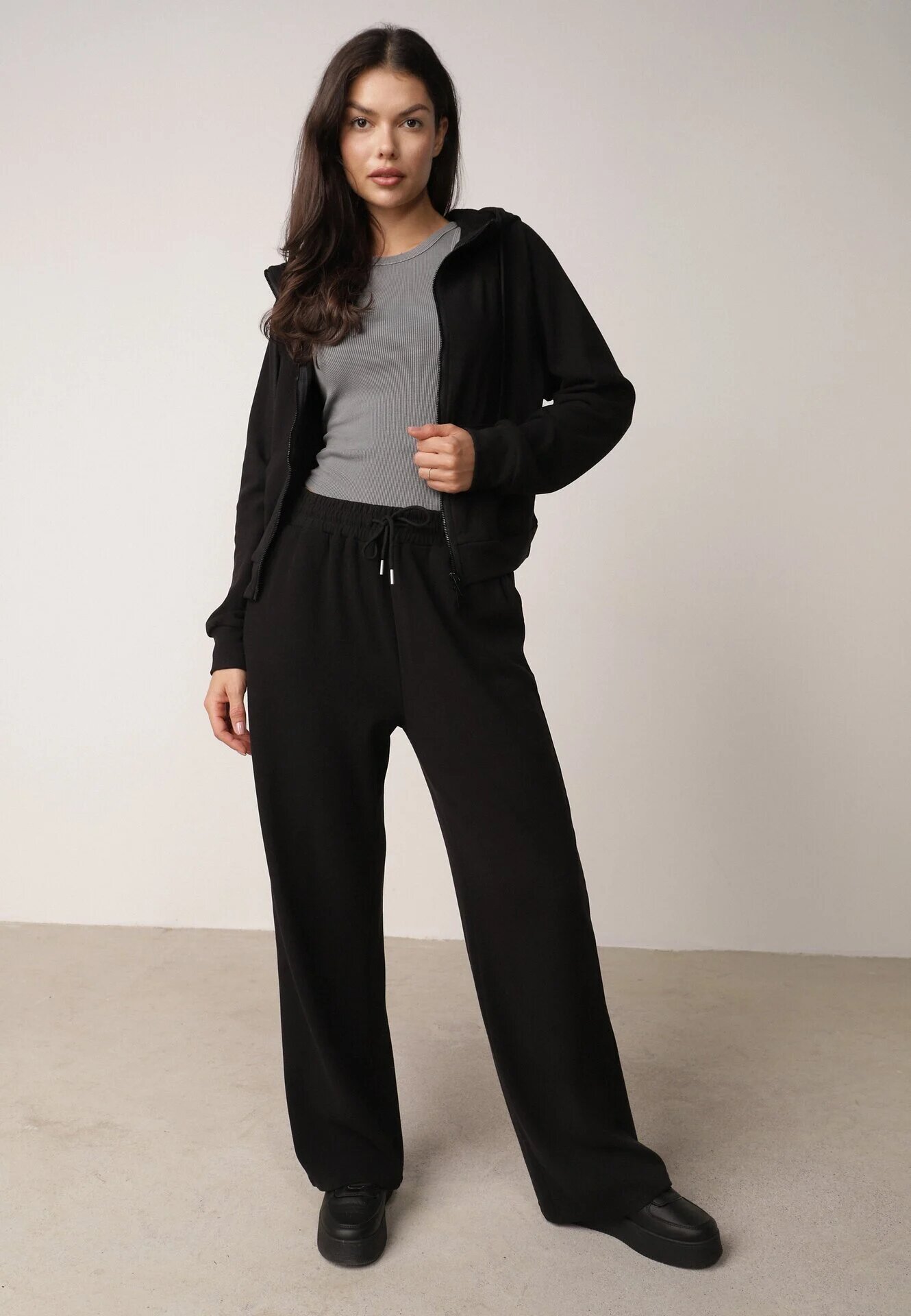 swest Set de trening din polar hanorac cu fermoar și pantaloni largi cu glugă Winalin Negru