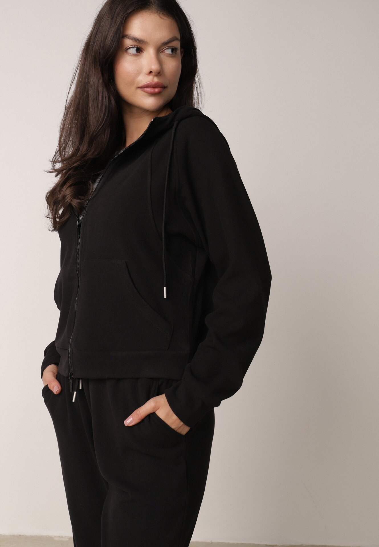 swest Set de trening din polar hanorac cu fermoar și pantaloni largi cu glugă Winalin Negru