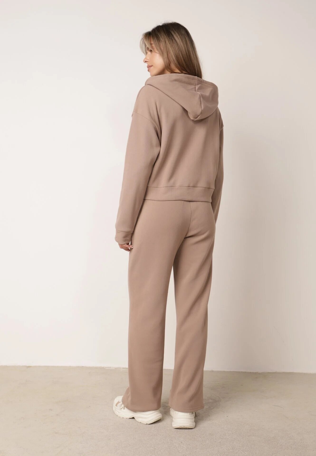 swest Set de trening din tricot rib pantaloni largi și bluză cu glugă Sinoh Bej închis