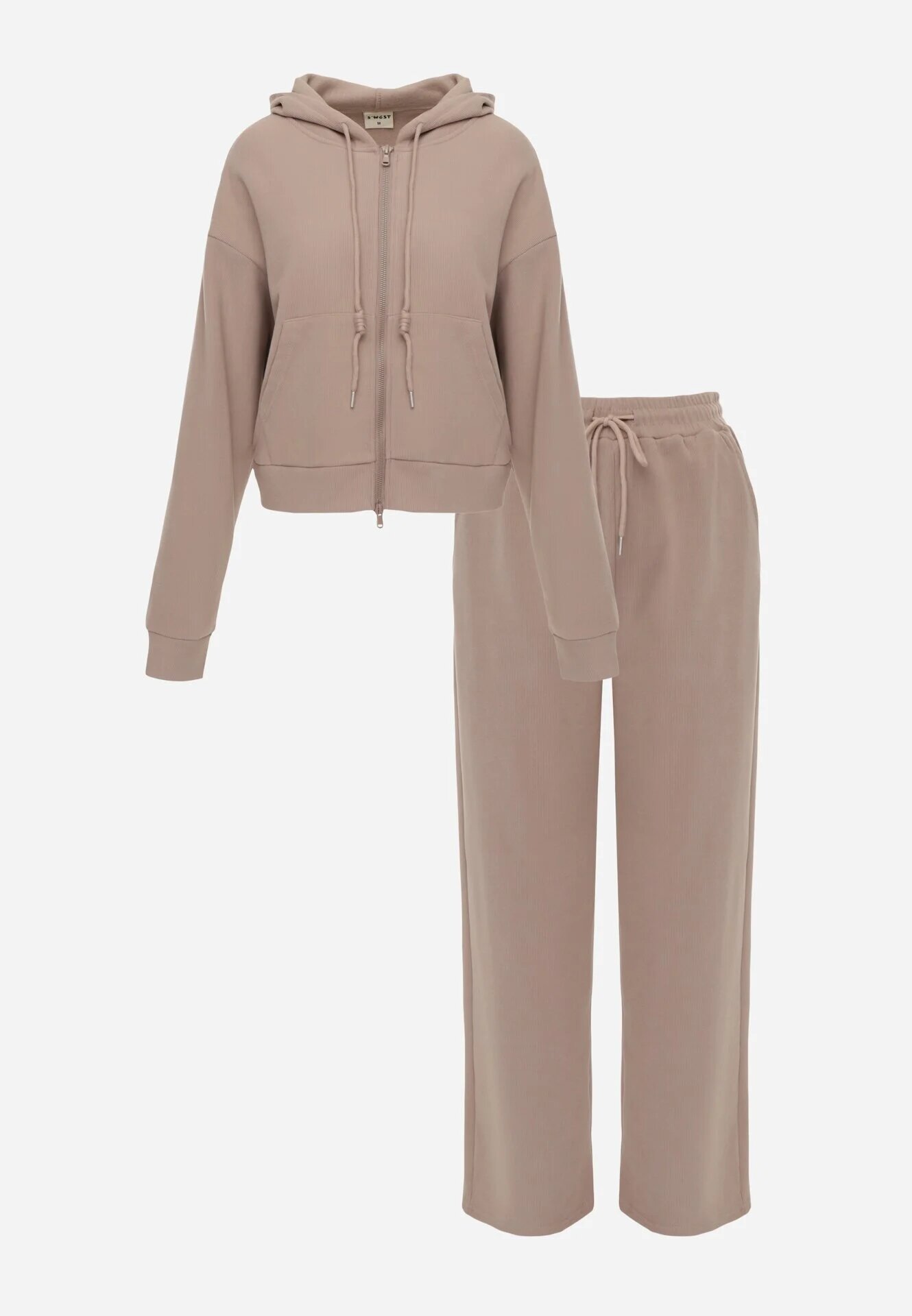 swest Set de trening din tricot rib pantaloni largi și bluză cu glugă Sinoh Bej închis