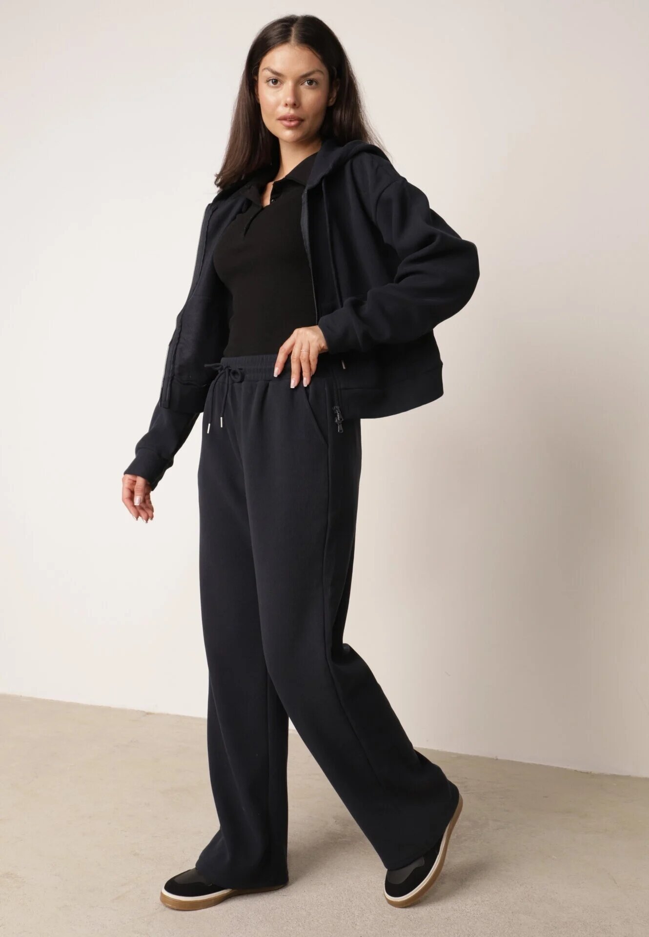 swest Set de trening din tricot rib pantaloni largi și bluză cu glugă Sinoh Bleumarin