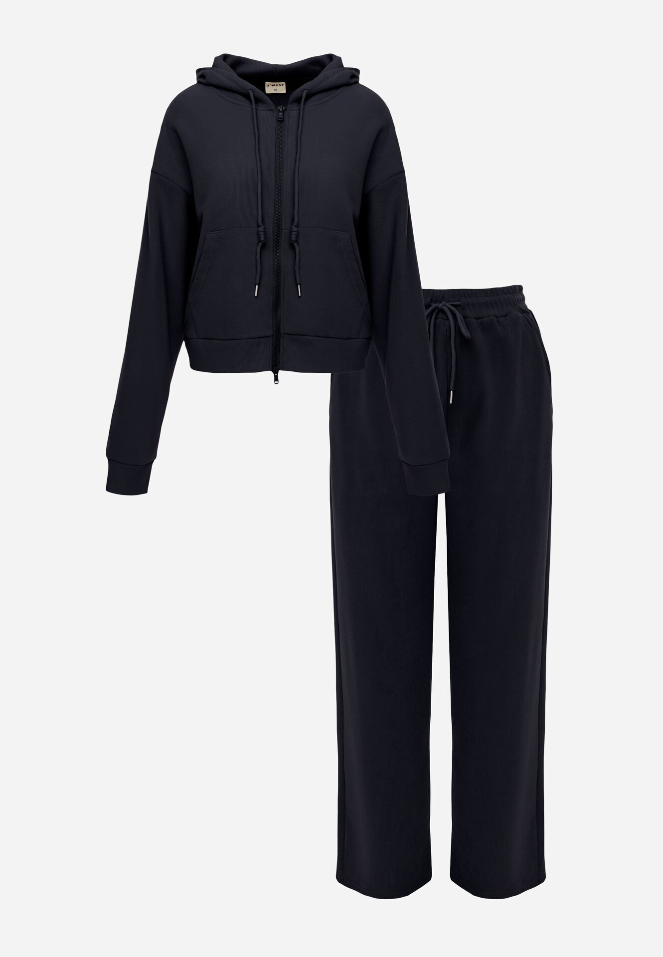 swest Set de trening din tricot rib pantaloni largi și bluză cu glugă Sinoh Bleumarin