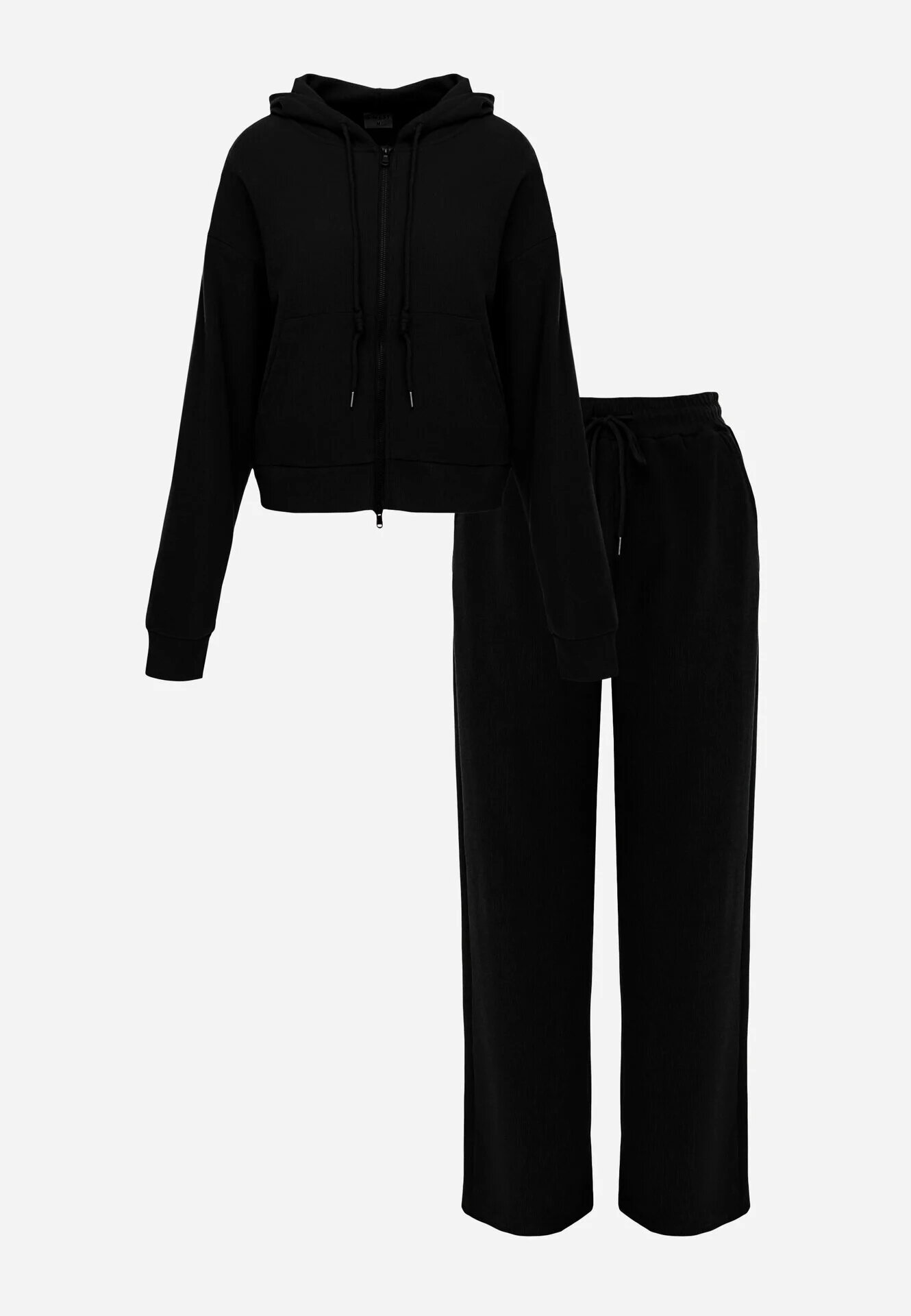 swest Set de trening din tricot rib pantaloni largi și bluză cu glugă Sinoh Negru