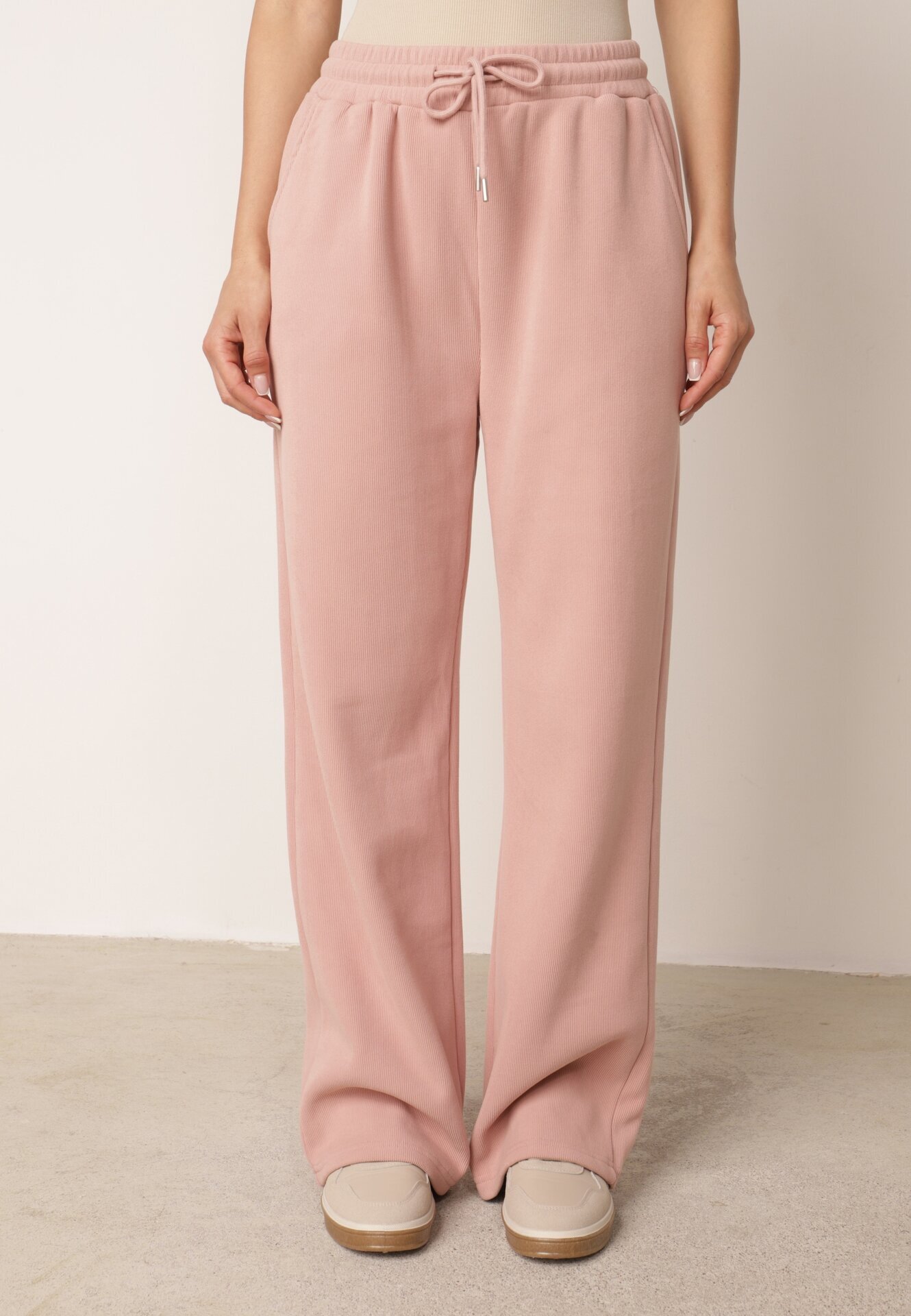 swest Set de trening din tricot rib pantaloni largi și bluză cu glugă Sinoh Roz
