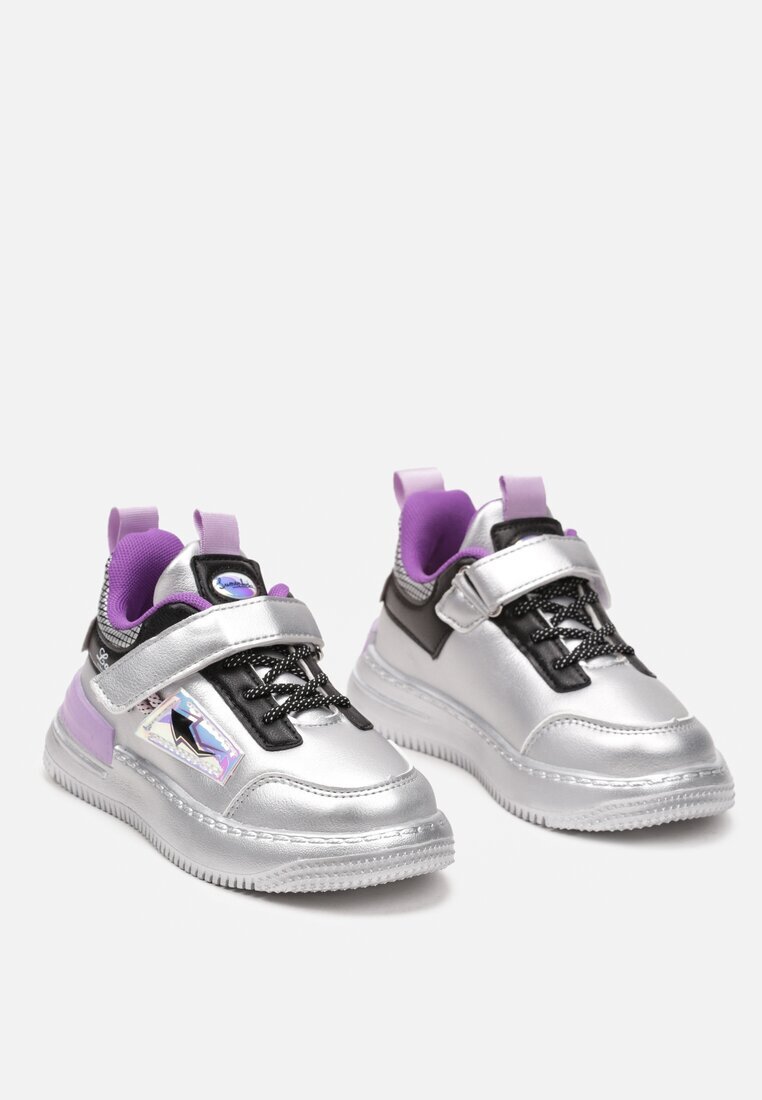 szixth june Adidași Sport Argintii-Violet cu Branț din Piele cu Închidere cu Scai și Șireturi Suplimentare cu Aplicație Decorativă Biolessa