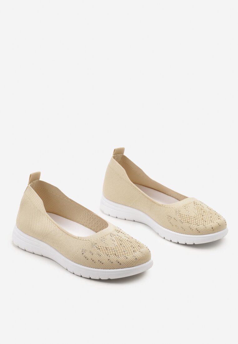  Tenisi Bej Slip-on cu Talpă Plată Decorate cu Imitație de Pietre Foviana