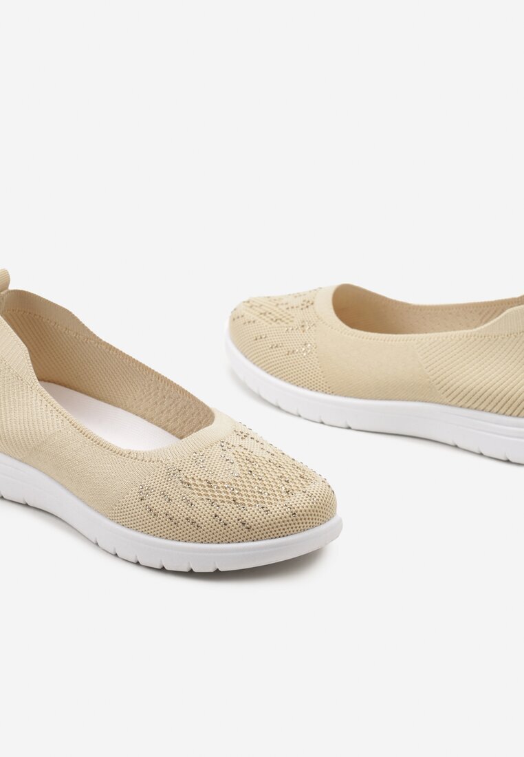  Tenisi Bej Slip-on cu Talpă Plată Decorate cu Imitație de Pietre Foviana