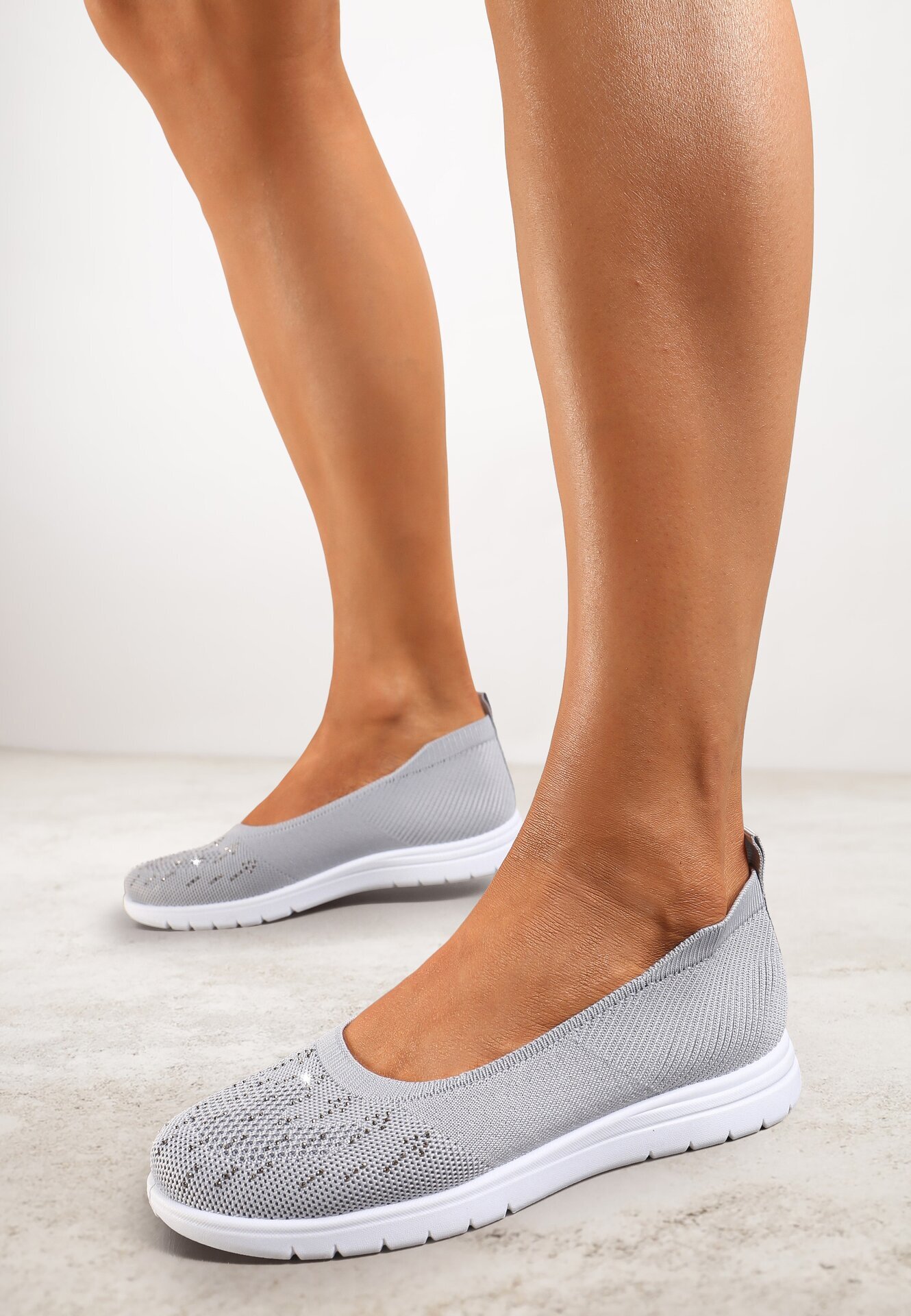  Tenisi Gri Slip-on cu Talpă Plată decorați cu Imitație de Zirconiu Foviana