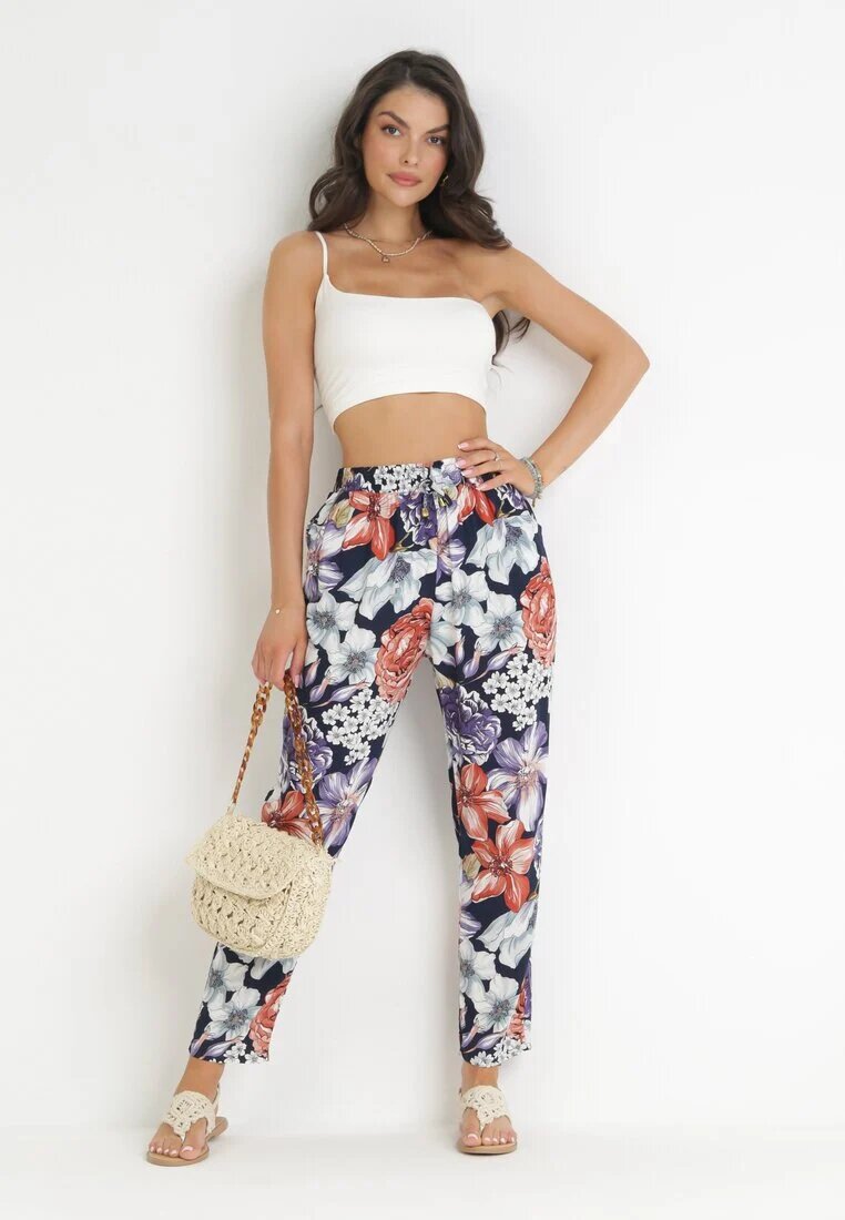 tiramisu Pantaloni Bleumarin cu Imprimeu Floral cu Picioare Drepte Lelene