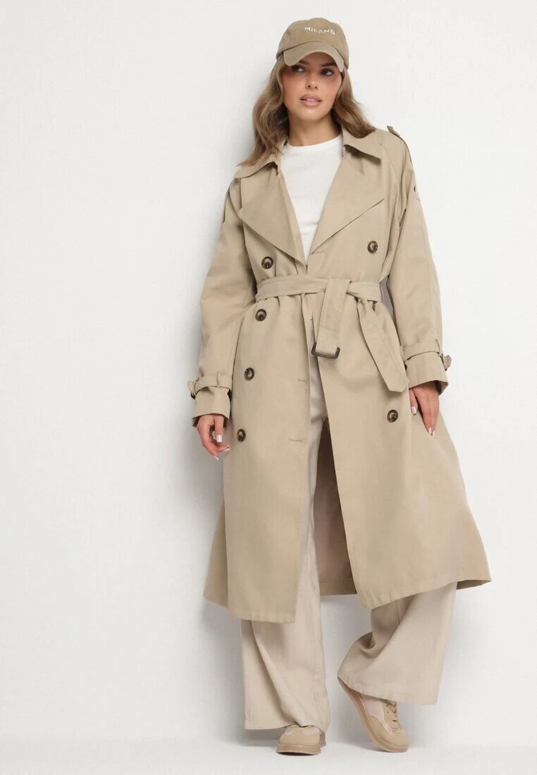  Trenci Bej Dublu Oversized cu Curea Inathara