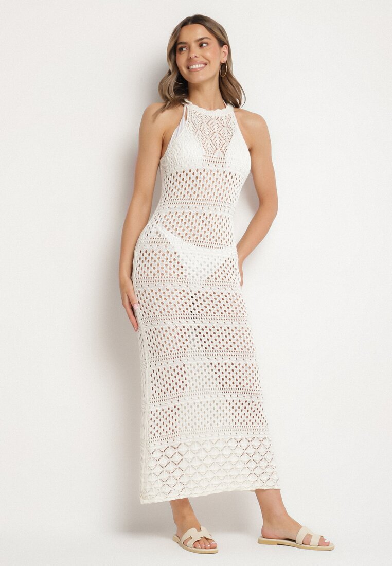 tricot station Rochie Bej deschis cu croială cambrată din tricot ajurat Tiamisse
