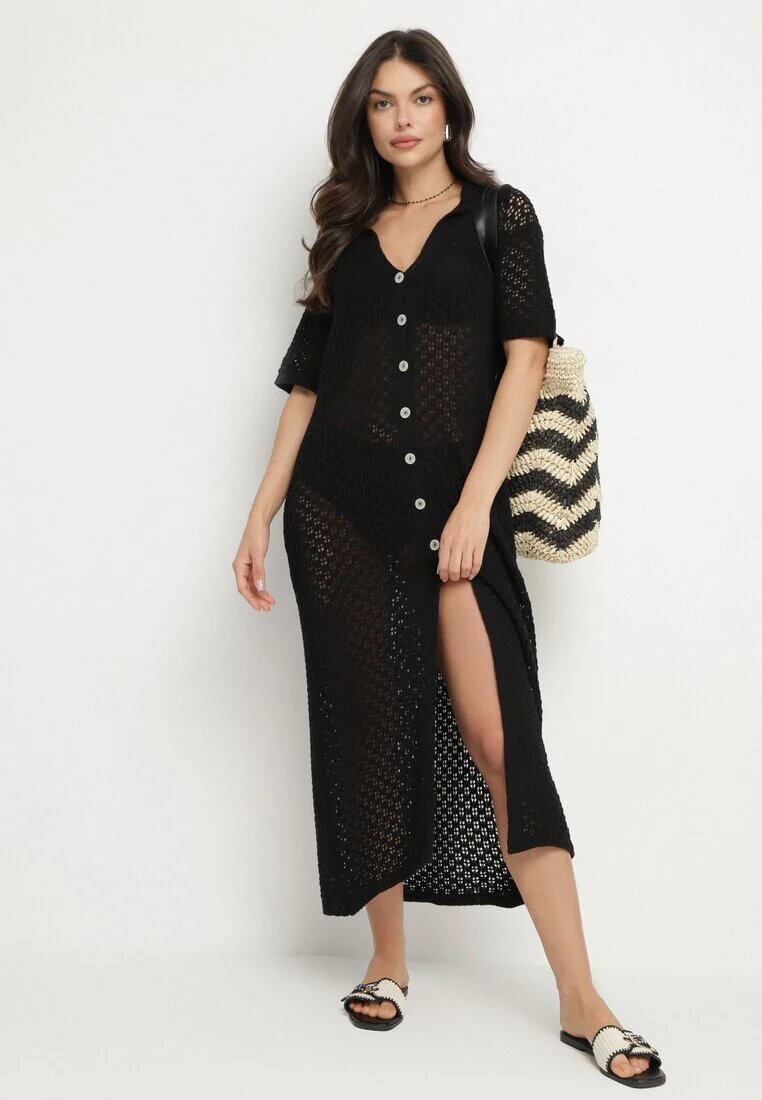 tricot station Rochie neagră din plasă tip cămașă din bumbac Folaris