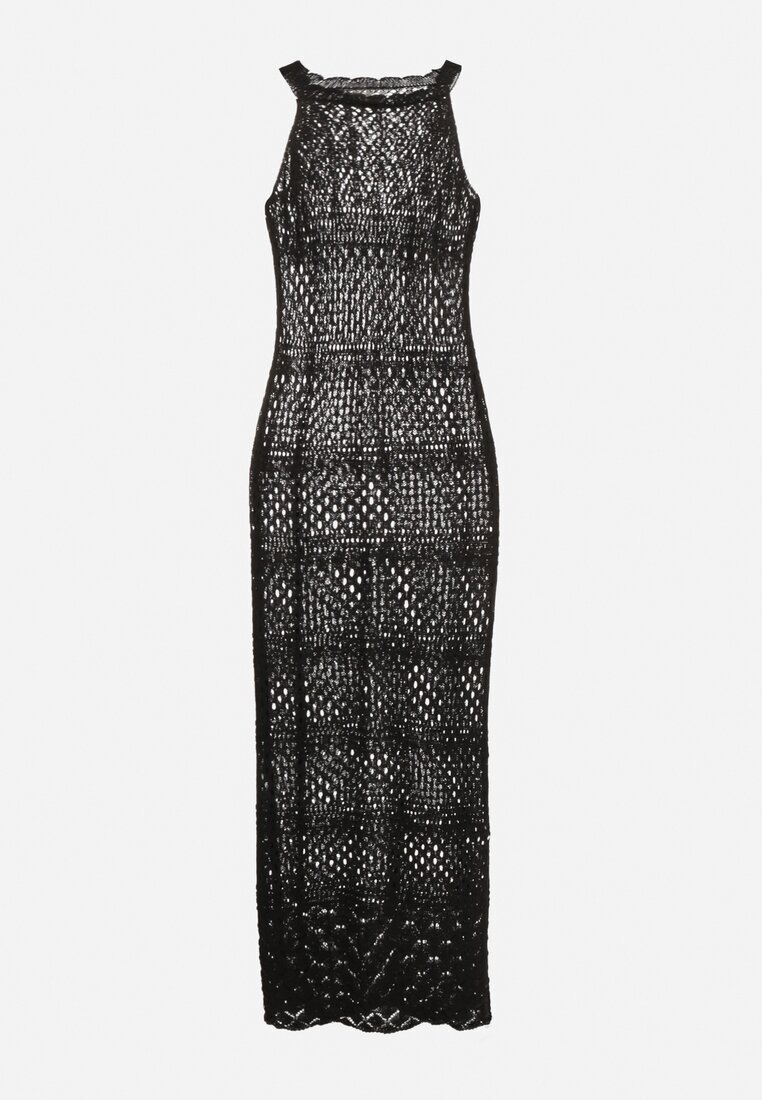 tricot station Rochie Negră cu Croi Cambrat din Tricot Ajurat Tiamisse