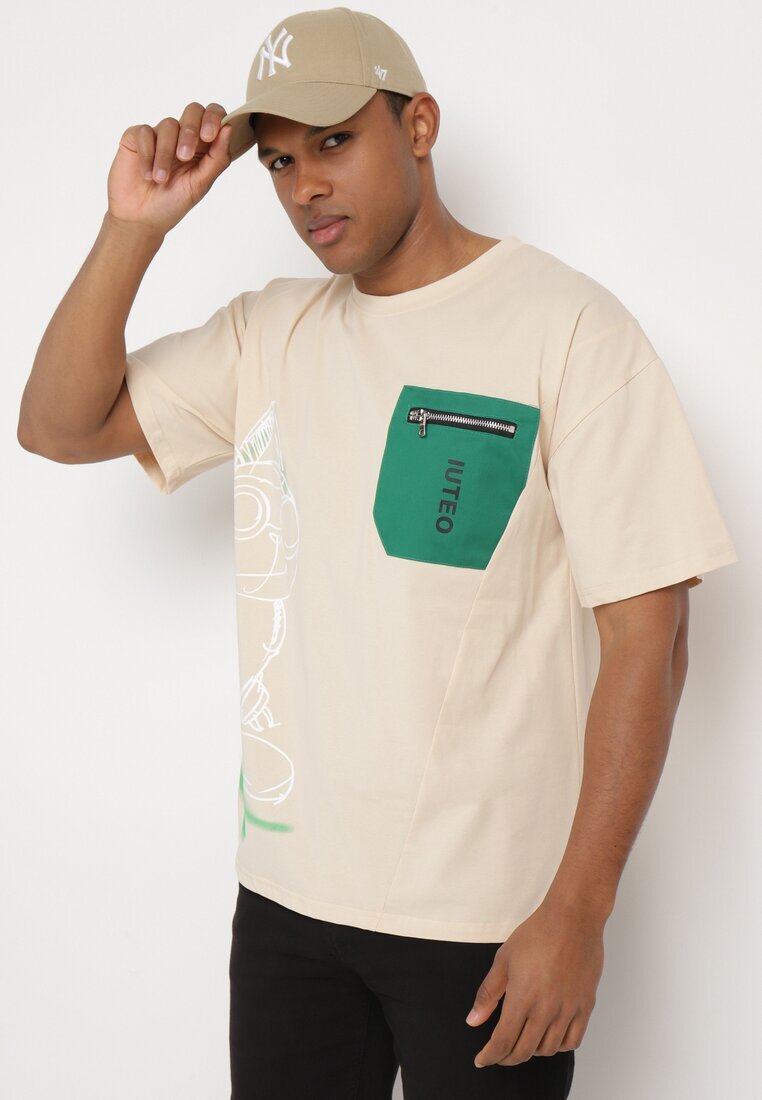  Tricou bej clasic din bumbac cu imprimeu și buzunar cu fermoar Aliccia