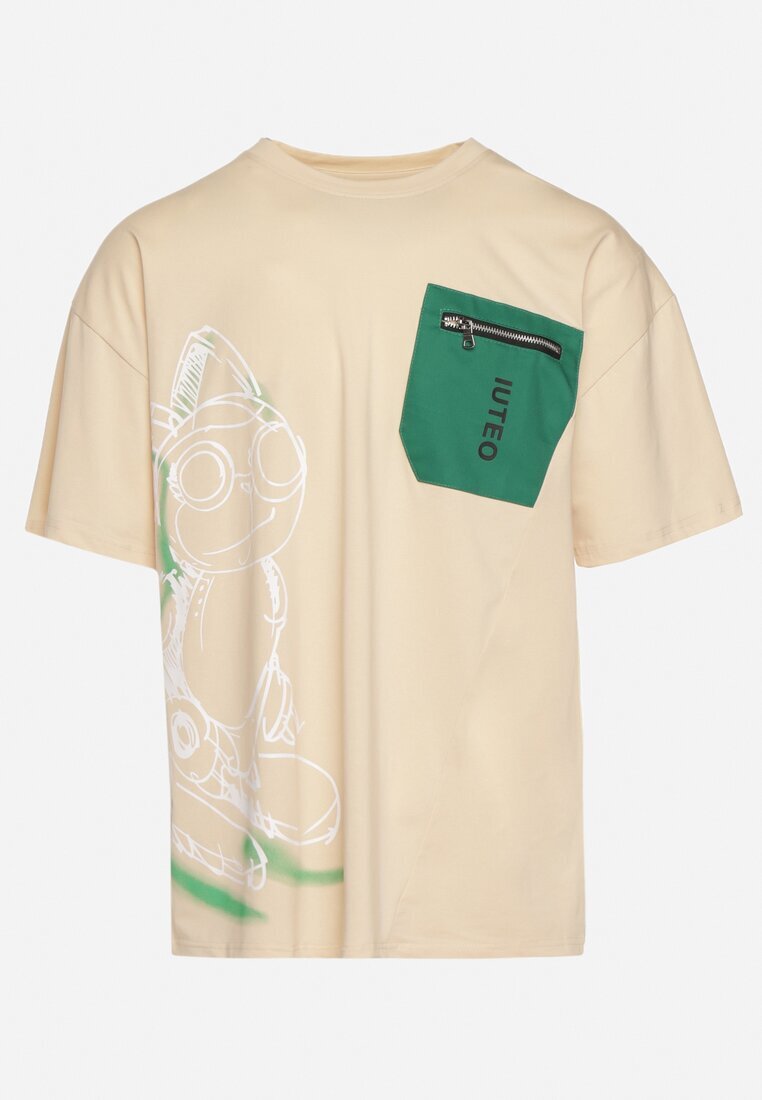  Tricou bej clasic din bumbac cu imprimeu și buzunar cu fermoar Aliccia