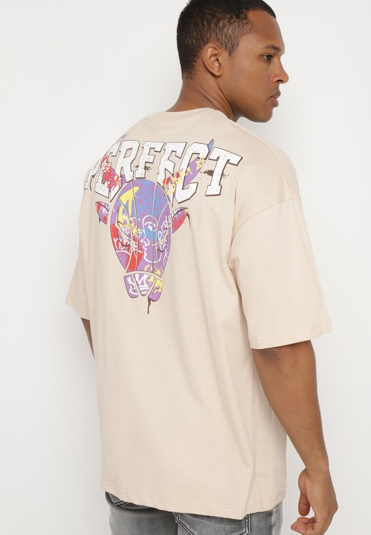  Tricou Bej de bumbac cu Mânecă Scurtă Decorat cu Imprimeuri Citara
