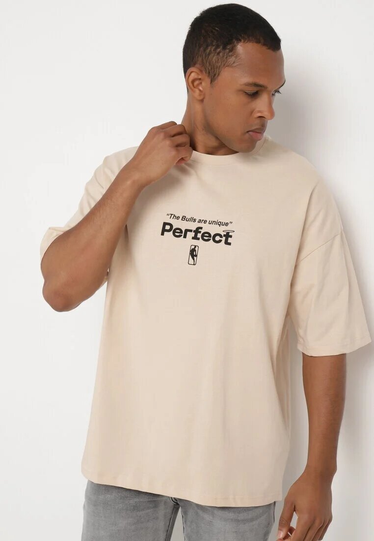  Tricou Bej de bumbac cu Mânecă Scurtă Decorat cu Imprimeuri Citara