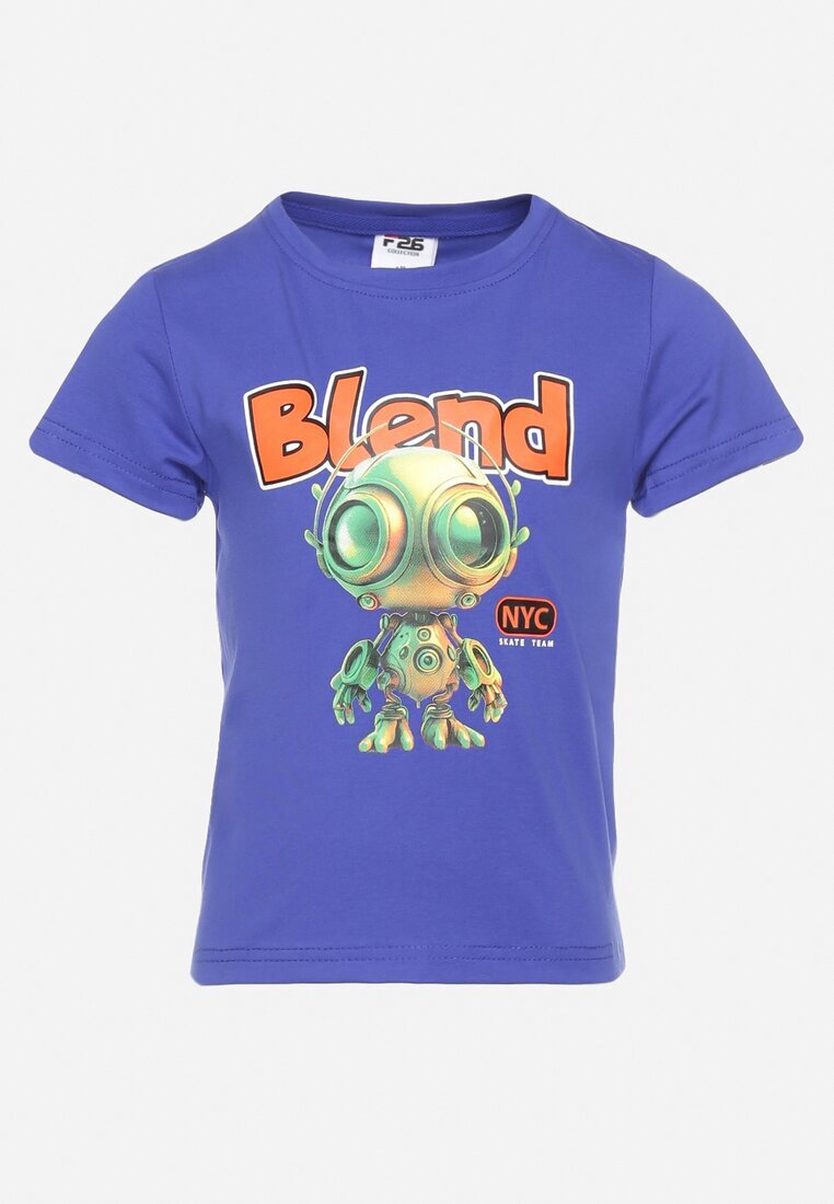  Tricou Bleumarin din Bumbac cu Mânecă Scurtă Decorat cu Aplicație Lumubia
