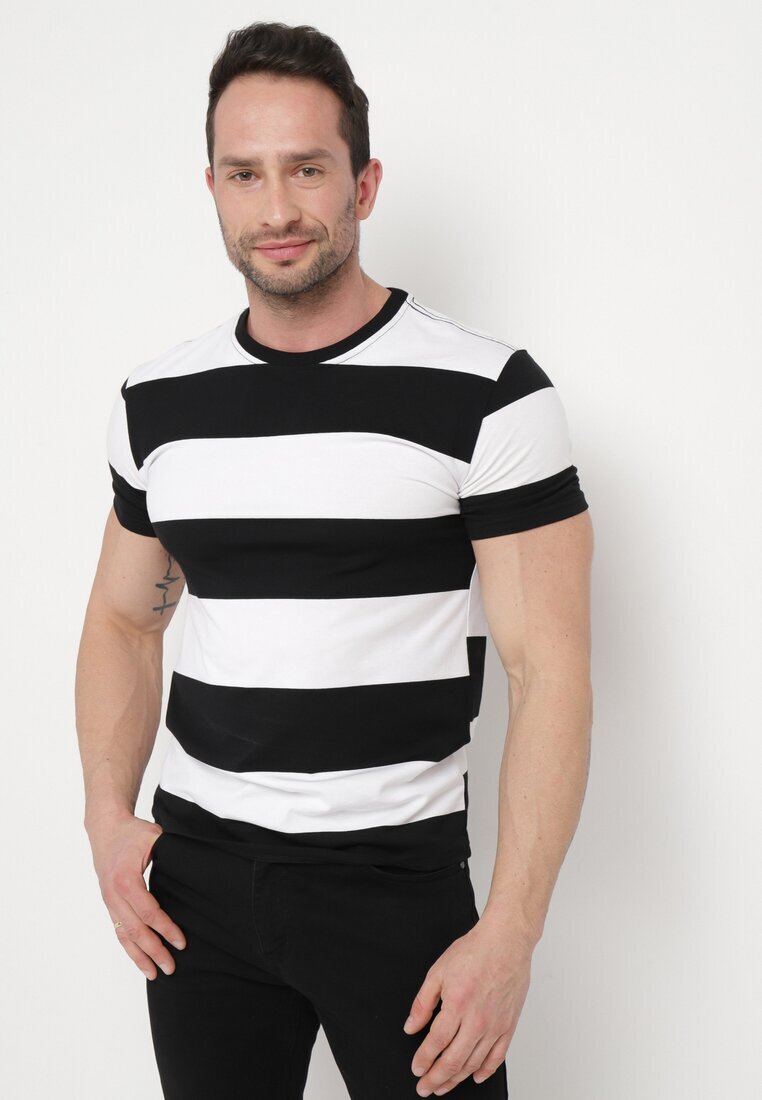  Tricou Casual Negru-Alb cu Mânecă Scurtă din Bumbac în Dungi Benneli