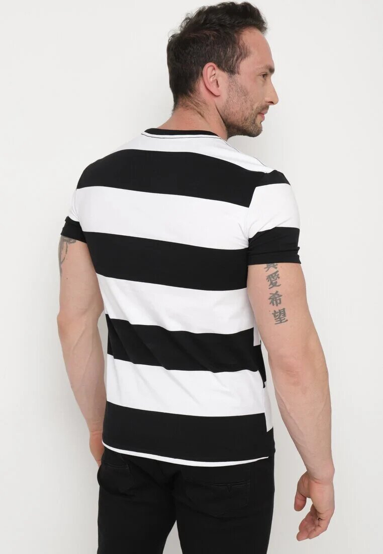  Tricou Casual Negru-Alb cu Mânecă Scurtă din Bumbac în Dungi Benneli