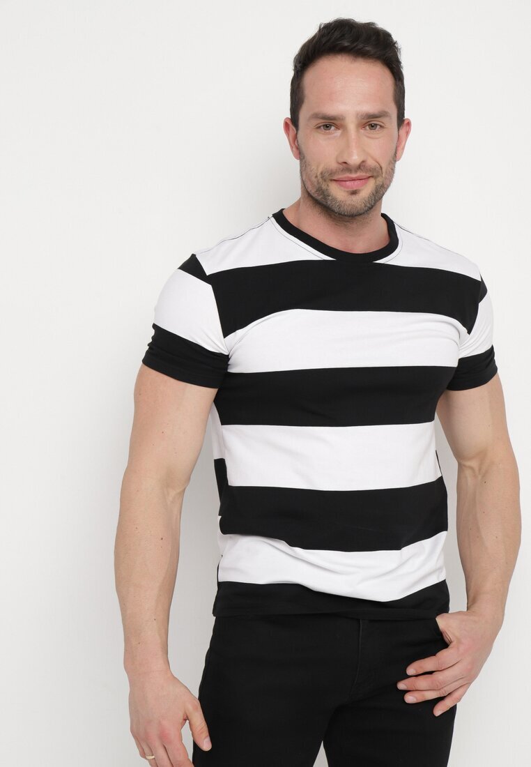 Tricou Casual Negru-Alb cu Mânecă Scurtă din Bumbac în Dungi Benneli