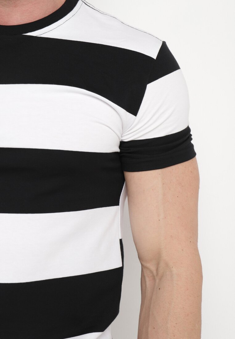  Tricou Casual Negru-Alb cu Mânecă Scurtă din Bumbac în Dungi Benneli