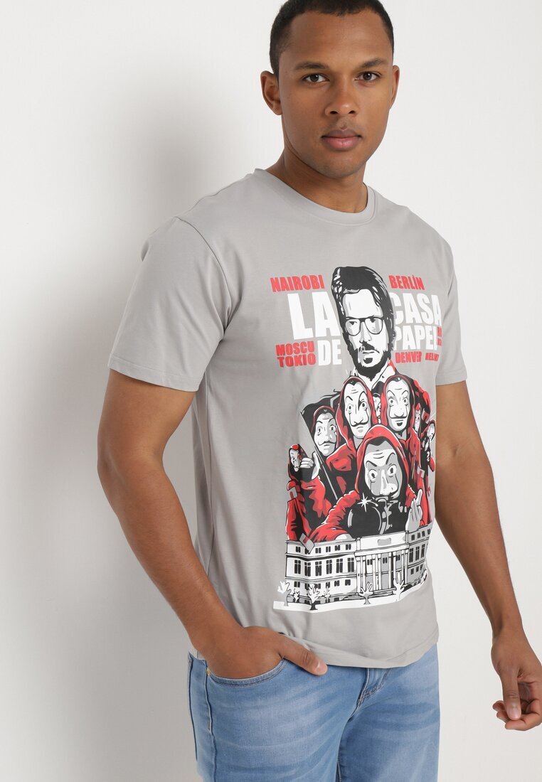  Tricou Clasic Gri din Bumbac cu Imprimeu Mare Gunelia