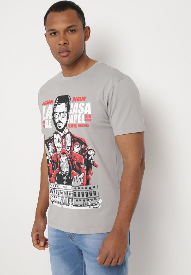  Tricou Clasic Gri din Bumbac cu Imprimeu Mare Gunelia