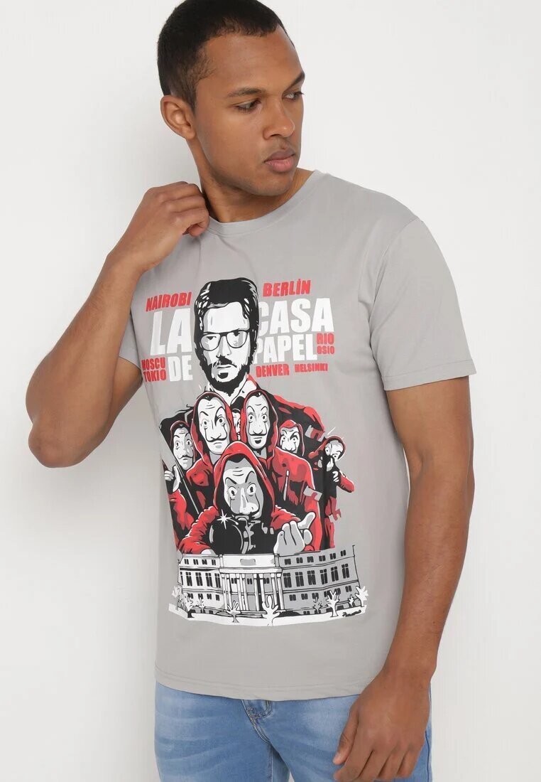  Tricou Clasic Gri din Bumbac cu Imprimeu Mare Gunelia