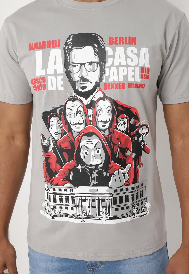  Tricou Clasic Gri din Bumbac cu Imprimeu Mare Gunelia