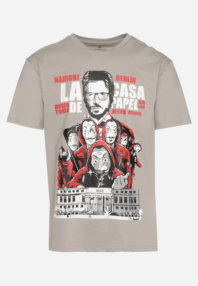  Tricou Clasic Gri din Bumbac cu Imprimeu Mare Gunelia