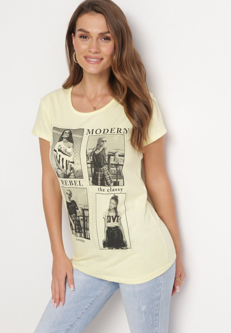  Tricou Galben Din Bumbac Cu Imprimeu și Sclipici Kruita