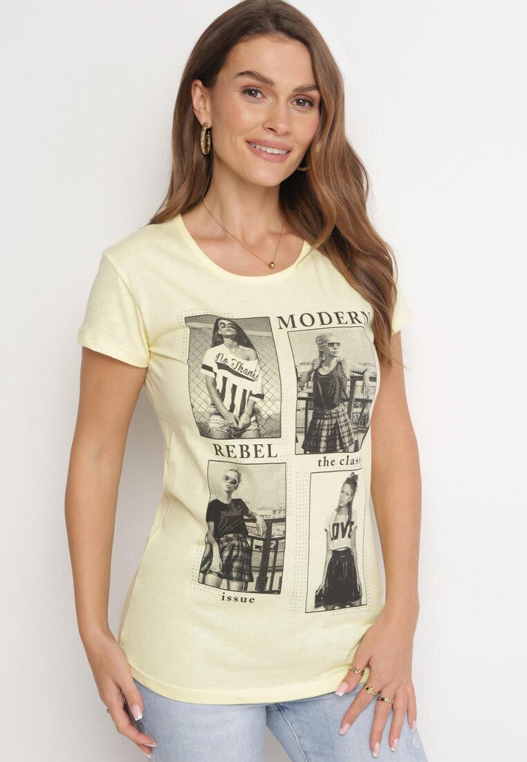  Tricou Galben Din Bumbac Cu Imprimeu și Sclipici Kruita