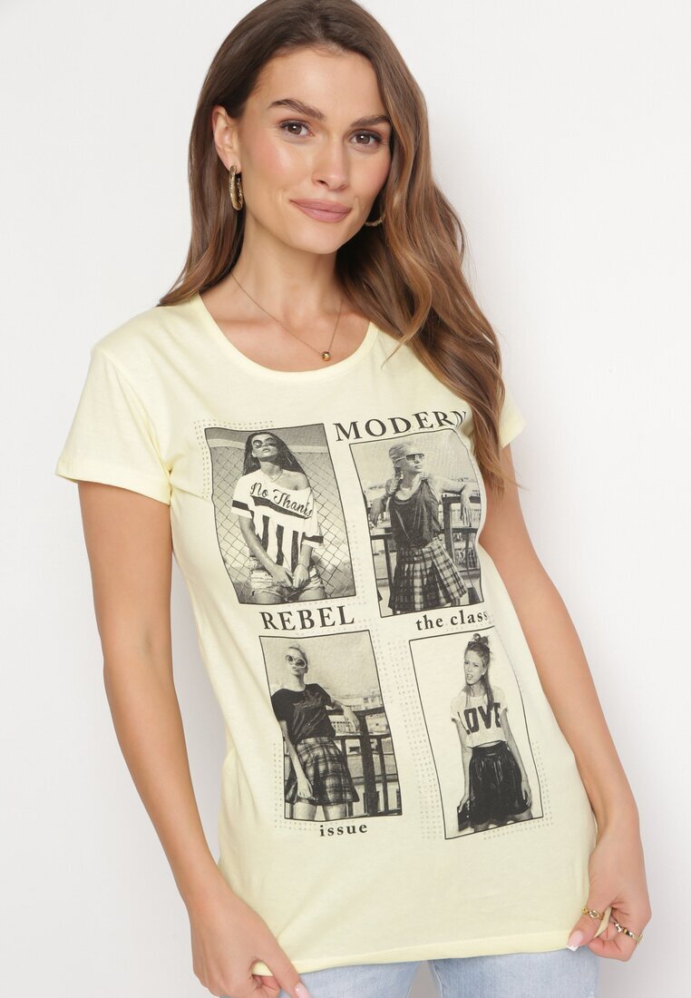  Tricou Galben Din Bumbac Cu Imprimeu și Sclipici Kruita