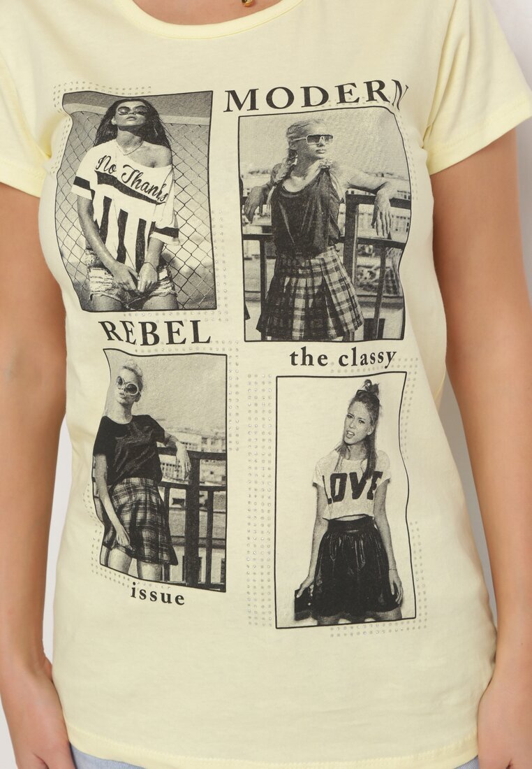  Tricou Galben Din Bumbac Cu Imprimeu și Sclipici Kruita