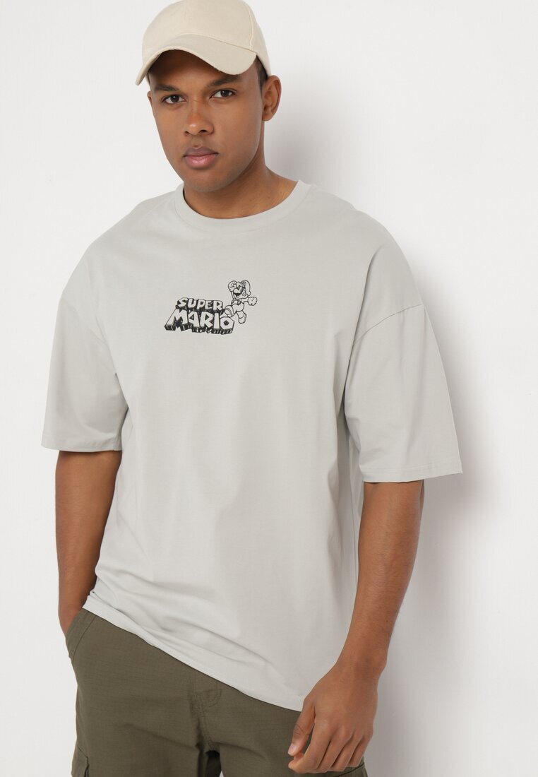  Tricou Gri din bumbac Oversize cu Imprimeu pe Față și Spate Mannesha