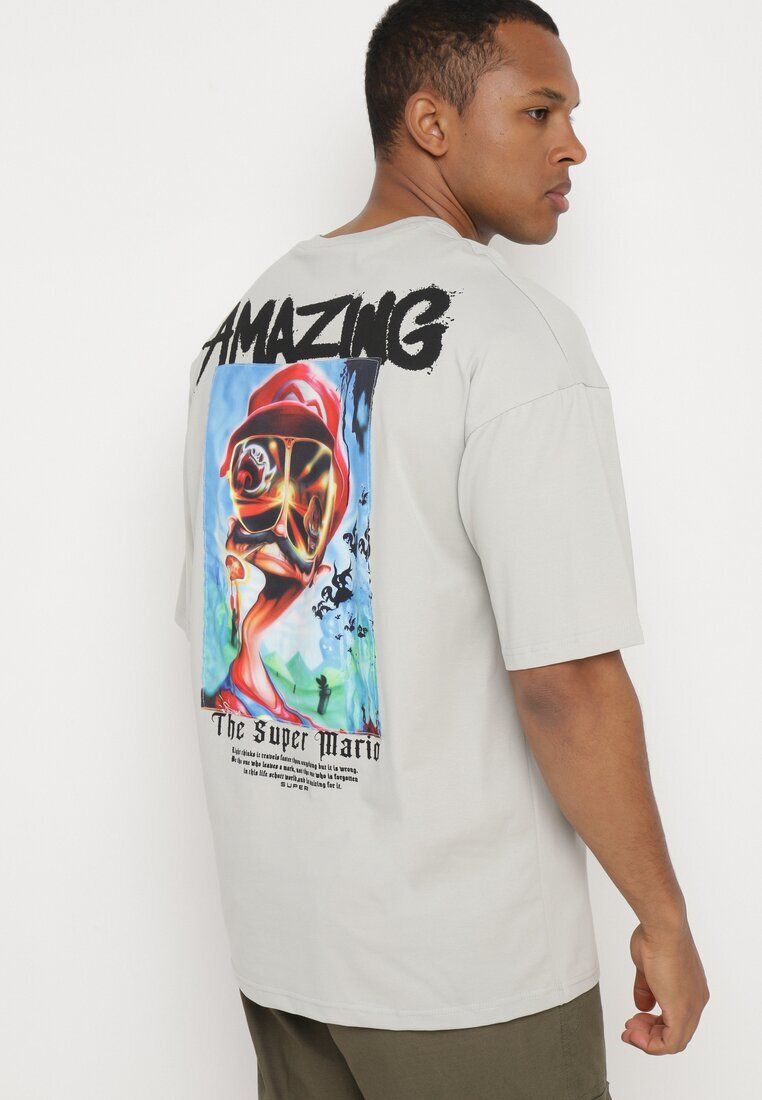  Tricou Gri din bumbac Oversize cu Imprimeu pe Față și Spate Mannesha