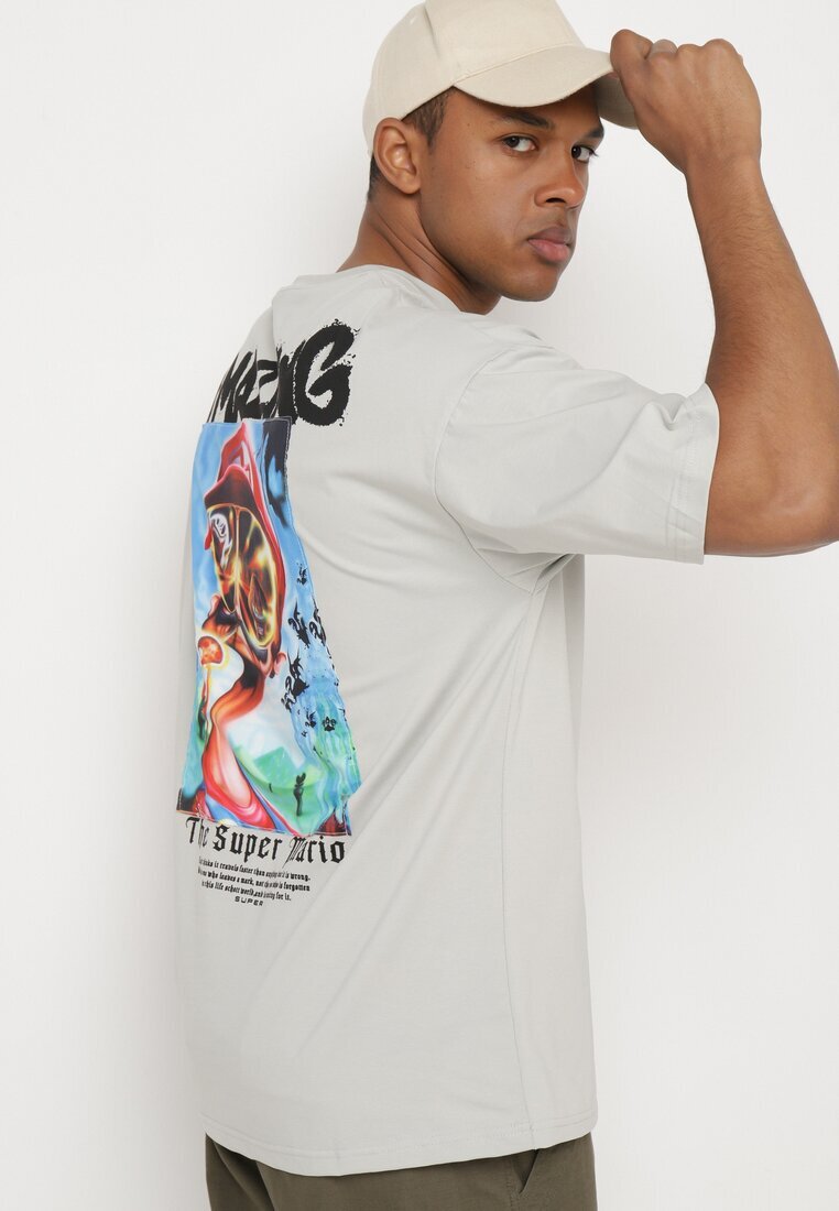  Tricou Gri din bumbac Oversize cu Imprimeu pe Față și Spate Mannesha