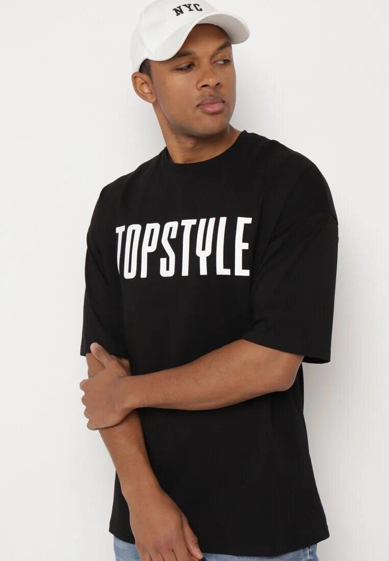  Tricou Negru De Bumbac cu Mânecă Scurtă și Imprimeuri Decorative pe Spate și pe Față Azariel