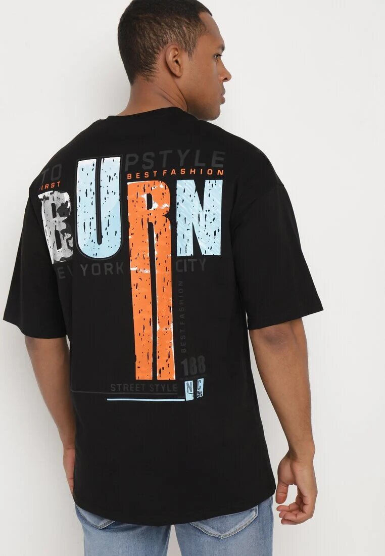  Tricou Negru De Bumbac cu Mânecă Scurtă și Imprimeuri Decorative pe Spate și pe Față Azariel