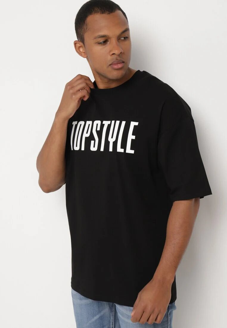  Tricou Negru De Bumbac cu Mânecă Scurtă și Imprimeuri Decorative pe Spate și pe Față Azariel